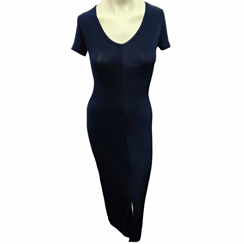 Vintage Bennys Girls Navy Maxi Dress S 90s Bodycon Stretch Made USA Slit Y2K